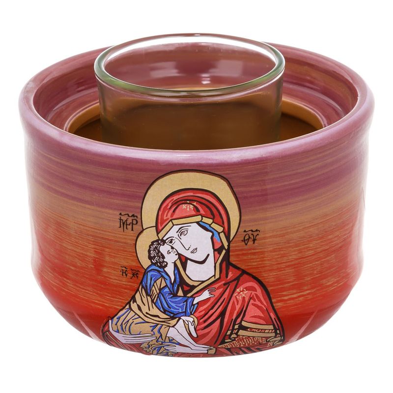 Casa si Gradina - Decoratiuni - Aromaterapie si lumanari - Lumanari si candele - Candela ceramica, model sfanta maria cu bebeluş, pahar sticla, capac perforat, rosu, diametru 10x 15 cm - Infinity.ro