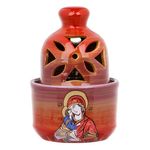 Casa si Gradina - Decoratiuni - Aromaterapie si lumanari - Lumanari si candele - Candela ceramica, model sfanta maria cu bebeluş, pahar sticla, capac perforat, rosu, diametru 10x 15 cm - Infinity.ro