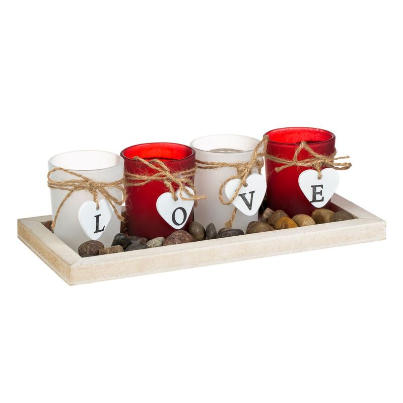 Casa si Gradina/Decoratiuni/Aromaterapie si lumanari/Suporturi lumanari - Suporturi pentru lumanari, "love", set 4 bucati, multicolor, baza din lemn, pahare din sticla, decor inimi si pietris - Infinity.ro