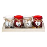Casa si Gradina/Decoratiuni/Aromaterapie si lumanari/Suporturi lumanari - Suporturi pentru lumanari, "love", set 4 bucati, multicolor, baza din lemn, pahare din sticla, decor inimi si pietris - Infinity.ro