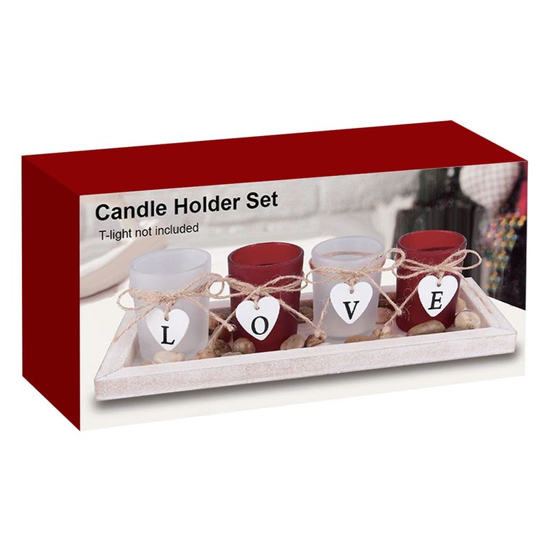 Casa si Gradina/Decoratiuni/Aromaterapie si lumanari/Suporturi lumanari - Suporturi pentru lumanari, "love", set 4 bucati, multicolor, baza din lemn, pahare din sticla, decor inimi si pietris - Infinity.ro