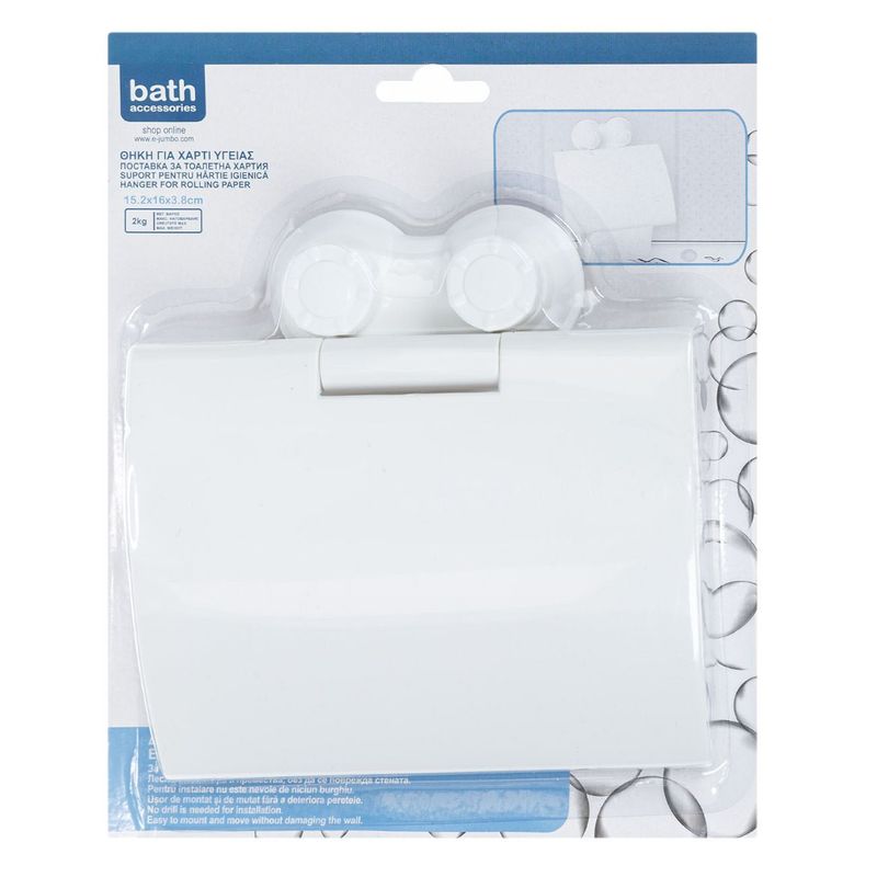 Casa si Gradina - Sanitare - Suporturi si accesorii baie - Suporturi baie - Suport hartie igienica cu capac, montare cu ventuza, plastic, alb, 15.2 x 16cm - Infinity.ro