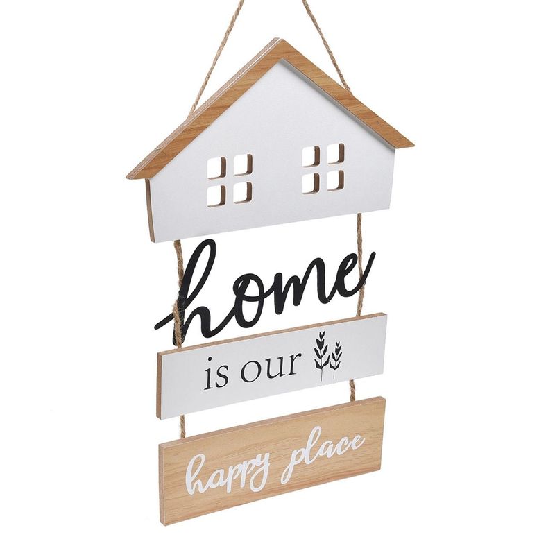 Casa si Gradina - Decoratiuni - Obiecte decorative - Accesorii decorative - Decoratiune suspendabila lemn, casa metalica, mesaj "home is our happy place", alb/maro, 19.5 x 29cm - Infinity.ro