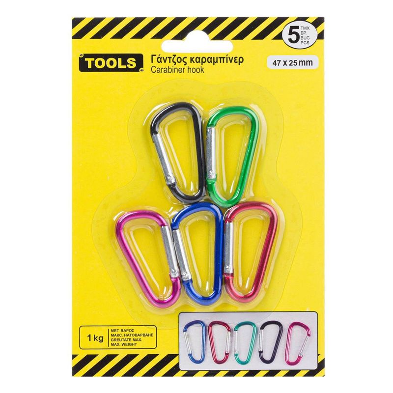 Casa si Gradina - Constructii - Feronerie si accesorii - Suruburi, dibluri si accesorii uz general - Carabiniere metalice, multicolor, 4.7 x 2.5cm, set 5 bucati, capacitate 1kg - Infinity.ro