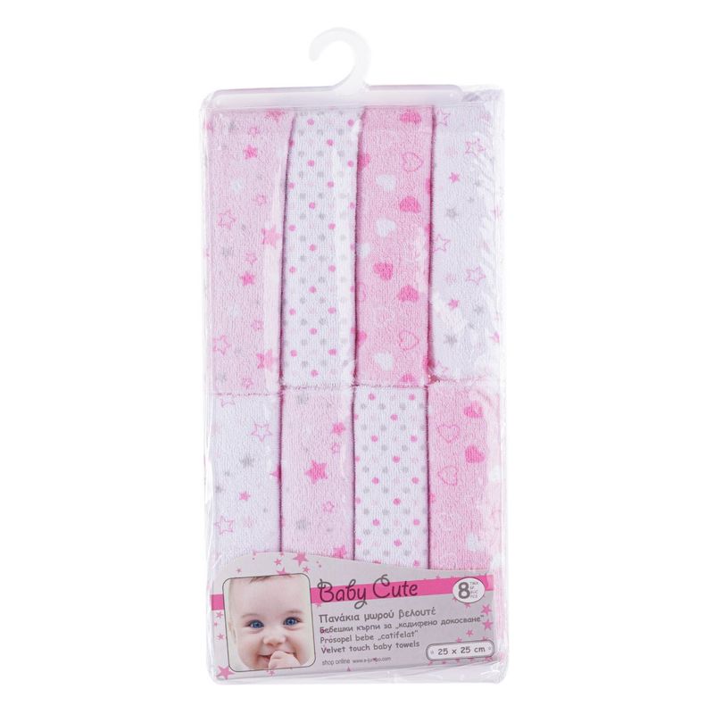 Casa si Gradina - Textile si covoare - Textile baie - Prosoape - Set prosopele bebe baby cute, model stele si inimi, roz/alb, dimensiuni 25 x 25cm, 8 bucati - Infinity.ro