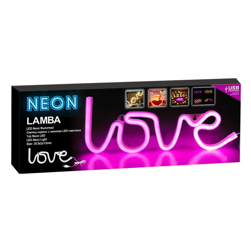 Casa si Gradina - Corpuri si surse de iluminat - Veioze si lampi - Lampi de veghe - Lampa led neon, love, culoare fucsia, dimensiune 35.5 x 13 cm, cu usb - Infinity.ro