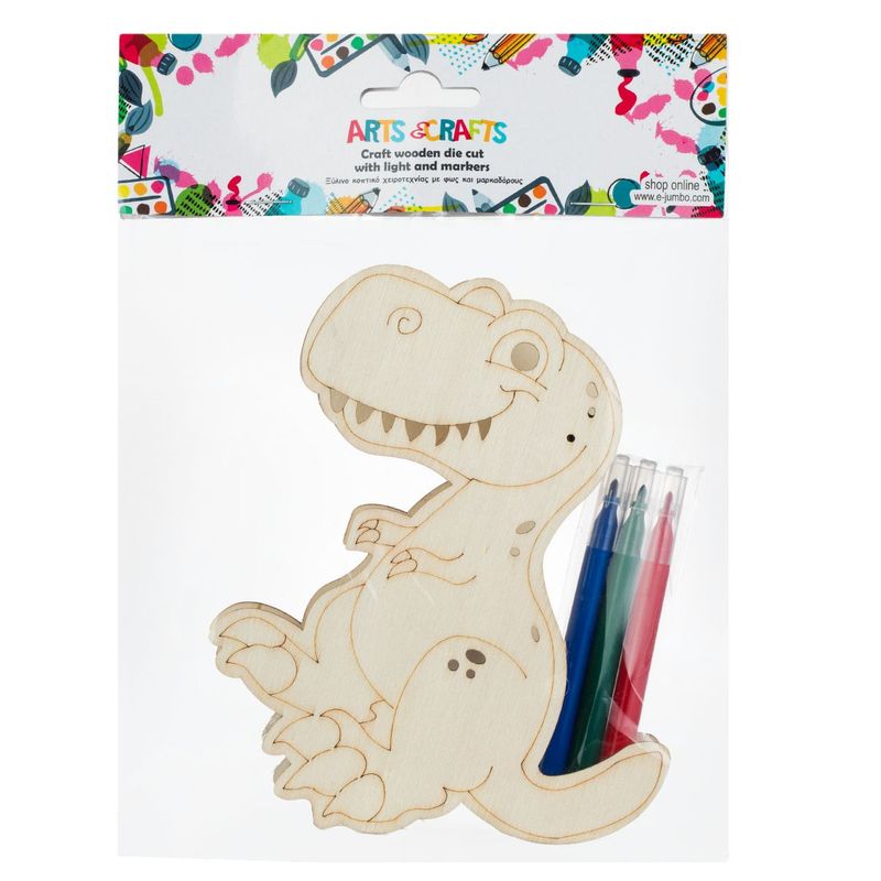 Jucarii, Copii si Bebe - Jucarii si jocuri - Jucarii & jocuri educative - Jocuri si jucarii educative - Set creativ dinozaur lemn, lumina led, 3 carioci multicolor, dimensiuni 16 x 2.5 x 12.5cm - Infinity.ro