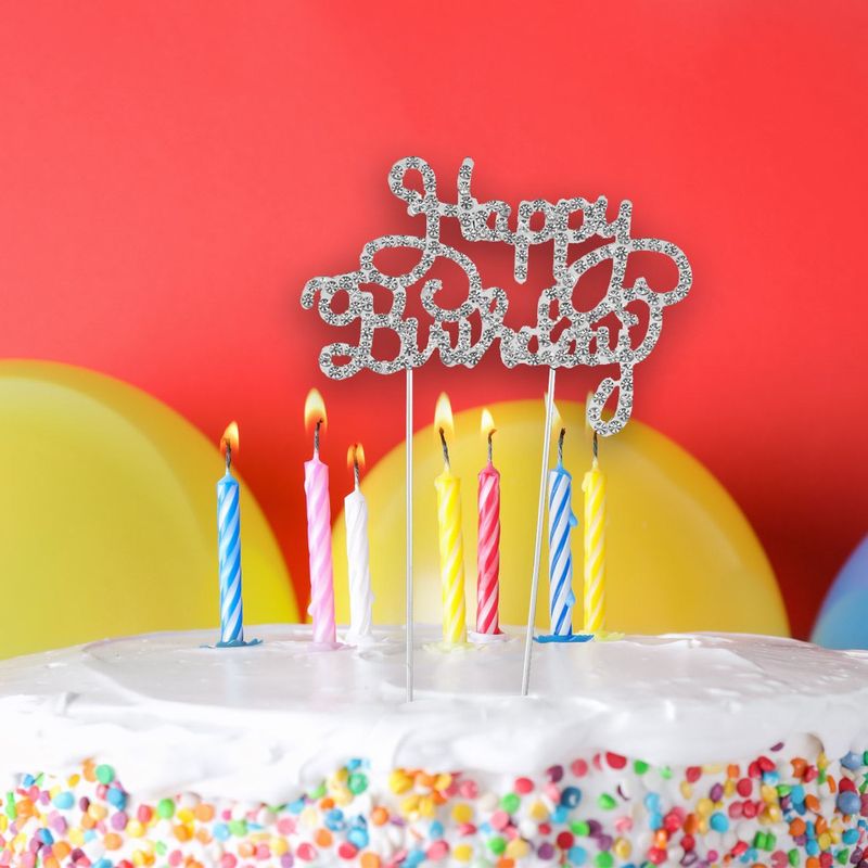 Casa si Gradina - Decoratiuni - Obiecte decorative - Accesorii decorative - Decoratiune tort, happy birthday, metalica, argintie, 10.5 x 21cm, cu strass - Infinity.ro