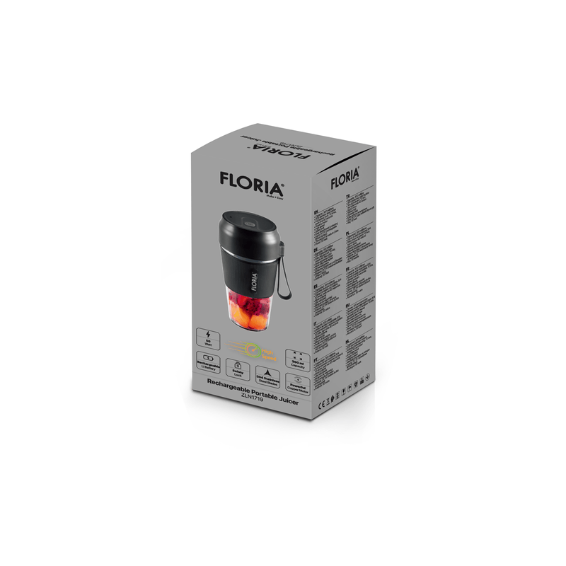 Electronice si Electrocasnice - Electrocasnice bucatarie - Mixere, tocatoare & roboti de bucatarie - Blendere si mini tocatoare - Blender portabil Floria ZLN1719 pentru suc reincarcabil, Capacitate 300 ml, Putere 50W, Lame din otel inoxidabil, Negru - Infinity.ro