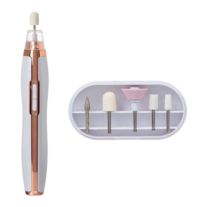 Ingrijire personala si Cosmetice/Aparate & accesorii ingrijire personala/Aparate cosmetice/Aparate pentru manichiura-pedichiura - Aparat ingrijire unghii, reincarcabil, 5 accesorii, intensitate reglabila, 16cm, led, alb-cupru - Infinity.ro
