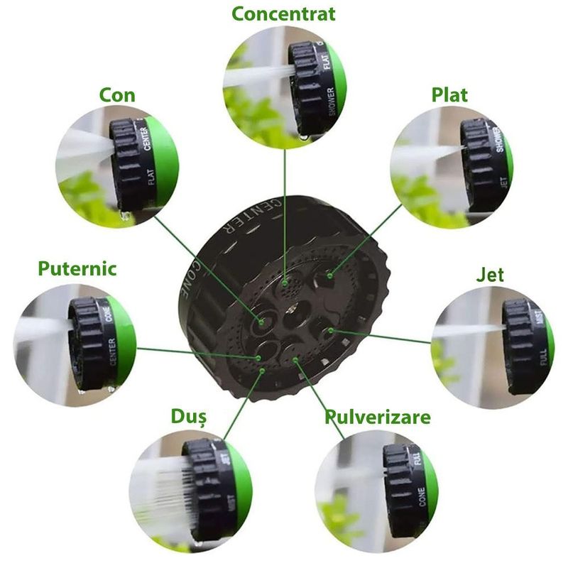 Casa si Gradina - Gradinarit si plante - Instalatii si accesorii pentru irigatii - Furtunuri de gradina si accesorii - Furtun extensibil de gradina, pana la 60m lungime, cu pistol cu 7 tipuri de jet, cu conectori, verde - Infinity.ro