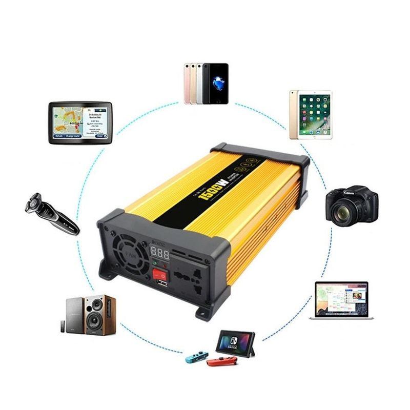 Auto si Moto - Reparatii si depanare - Invertoare auto - Invertor de tensiune auto Andowl KS1500, 1500W, 12V, 220V, 26 x 11 x 6.5cm, auriu - Infinity.ro