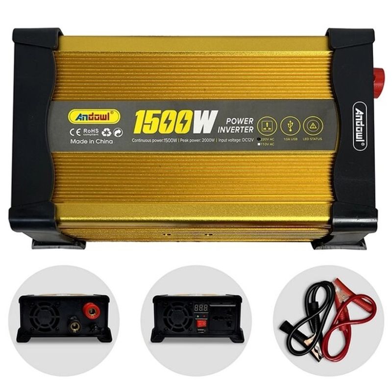 Auto si Moto - Reparatii si depanare - Invertoare auto - Invertor de tensiune auto Andowl KS1500, 1500W, 12V, 220V, 26 x 11 x 6.5cm, auriu - Infinity.ro
