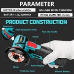 Casa si Gradina - Constructii - Scule electrice si accesorii - Polizoare - Mini polizor unghiular portabil, cu 2 acumulatori 12V, 750W, 1500mAh, 19500rpm, 2 discuri 76mm - Infinity.ro