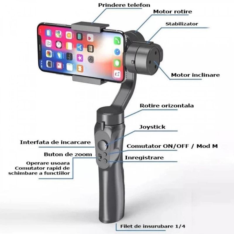 TV, Audio-Video si Foto - Aparate foto si accesorii - Accesorii foto si video - Stabilizatoare de imagine - Stabilizator imagine pentru telefon, 60-86mm, Gimbal cu 3 axe, negru - Infinity.ro
