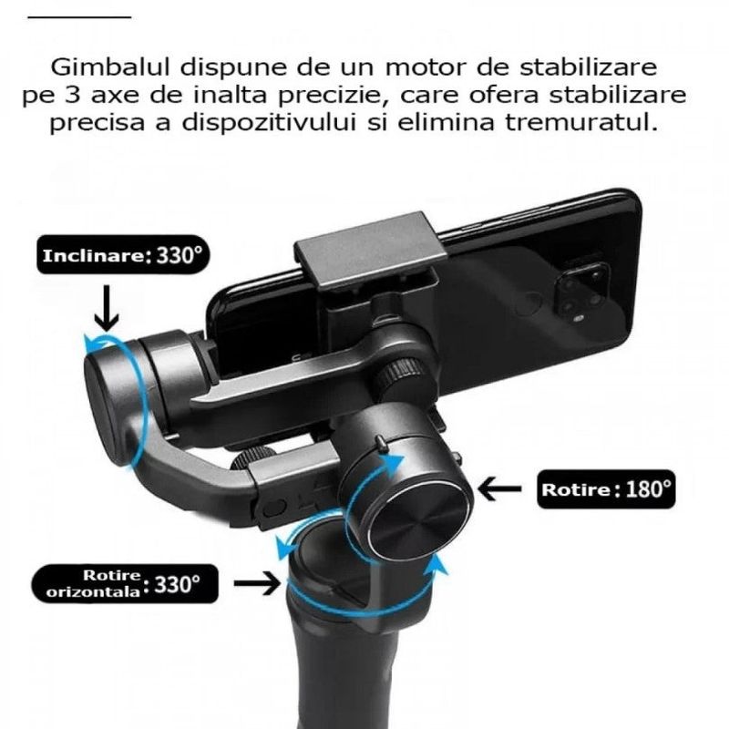 TV, Audio-Video si Foto - Aparate foto si accesorii - Accesorii foto si video - Stabilizatoare de imagine - Stabilizator imagine pentru telefon, 60-86mm, Gimbal cu 3 axe, negru - Infinity.ro