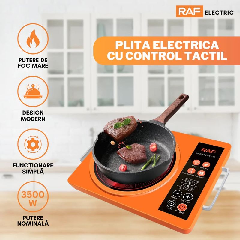 Electronice si Electrocasnice - Aragazuri, cuptoare si hote - Plite incorporabile - Plite electrice - Plita Electrica RAF R.8046 cu Incalzire Radianta Infrarosu si Control Tactil, 3500W, Orange - Infinity.ro