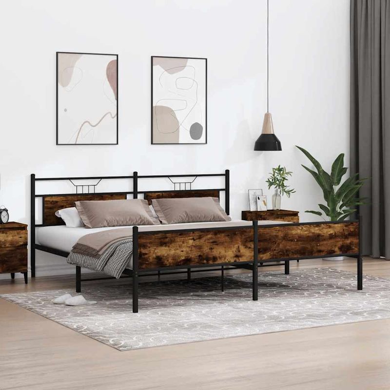 Casa si Gradina - Mobilier - Paturi si accesorii - Paturi - Cadru pat metalic fara saltea, stejar fumuriu, 200x200 cm - Infinity.ro