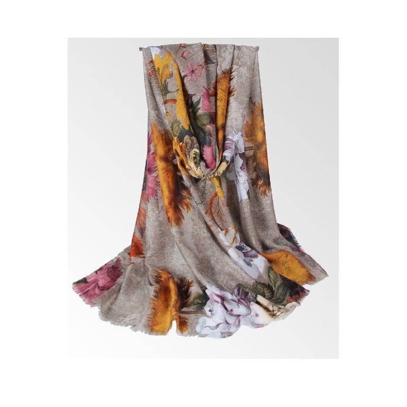 Fashion, accesorii si bijuterii - Femei - Accesorii femei - Esarfe si fulare femei - Esarfa dama, tip sal, print floral, multicolora, fond bej, 90 x 180 cm - Infinity.ro