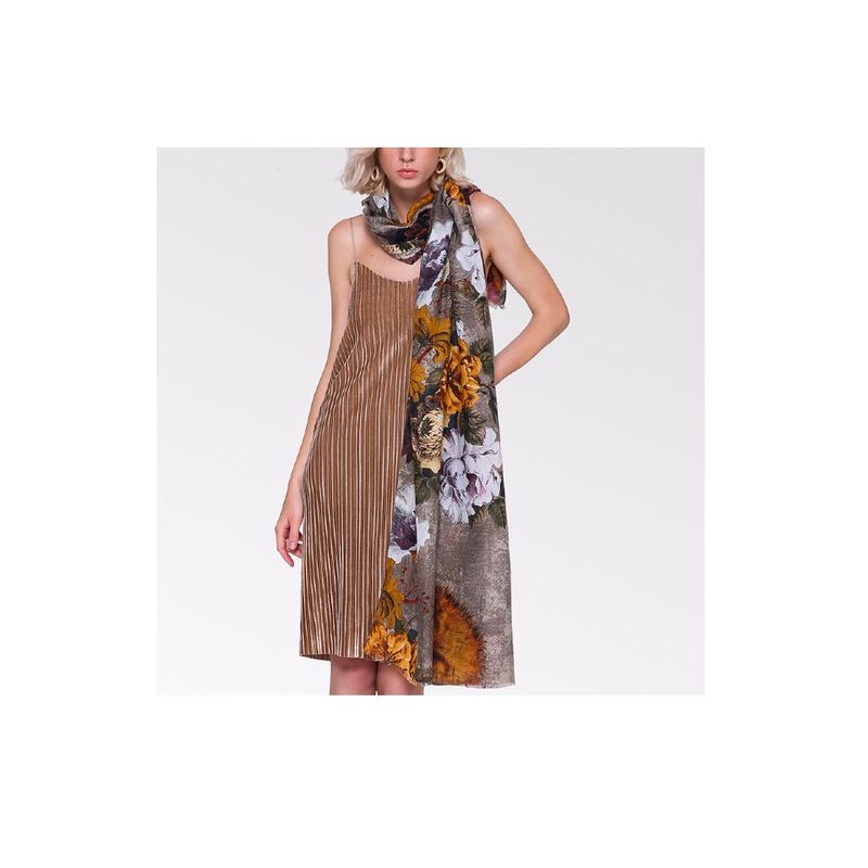 Fashion, accesorii si bijuterii - Femei - Accesorii femei - Esarfe si fulare femei - Esarfa dama, tip sal, print floral, multicolora, fond bej, 90 x 180 cm - Infinity.ro