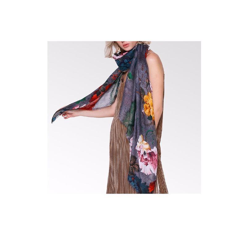 Fashion, accesorii si bijuterii - Femei - Accesorii femei - Esarfe si fulare femei - Esarfa dama tip sal cu print floral, multicolora, fond gri, 90 x 180 cm - Infinity.ro