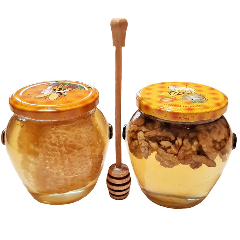 Set 1 Borcan miere salcam cu nuci 750 g, 1 Borcan faguri in miere salcam 750 g, 1bat miere spiralat