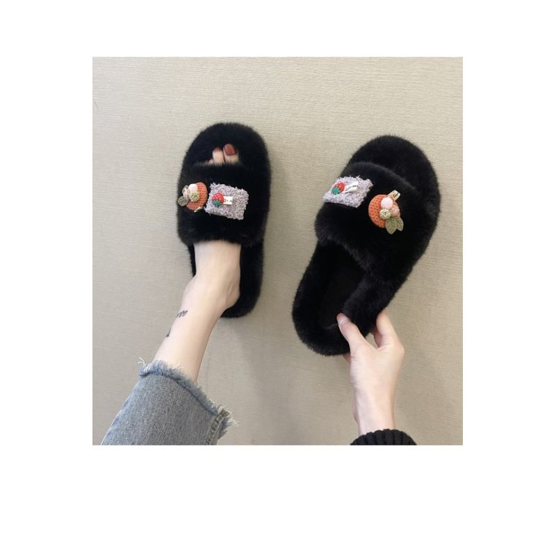 Fashion, accesorii si bijuterii - Femei - Incaltaminte femei - Slapi si papuci femei - Papuci de dama plusati, cu diverse aplicatii haioase, marimea 38, pentru casa, Negru - Infinity.ro