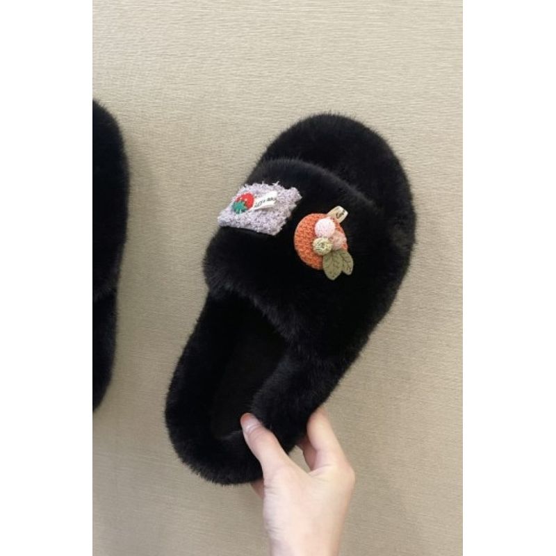 Fashion, accesorii si bijuterii - Femei - Incaltaminte femei - Slapi si papuci femei - Papuci de dama plusati, cu diverse aplicatii haioase, marimea 38, pentru casa, Negru - Infinity.ro