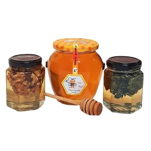 Set 1 Borcan amfora miere poliflora, 1 borcan miere salcam cu nuca, 1 borcan miere salcam cu mix de seminte, 1250 grame, Show Bazzz