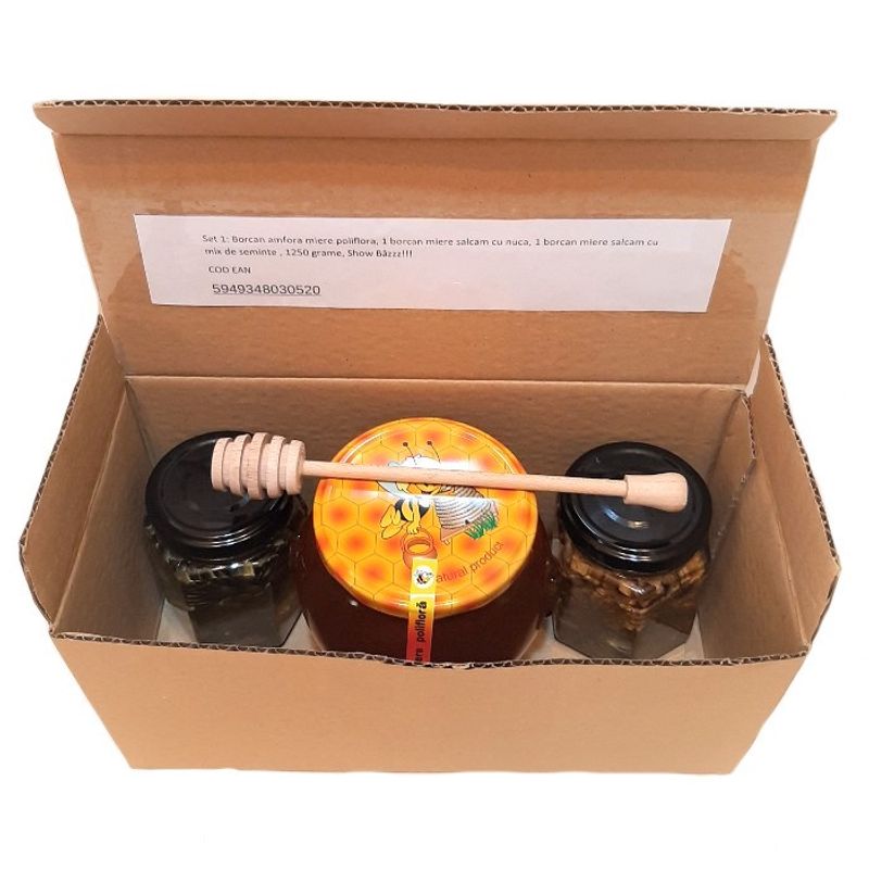Market - Bacanie - Dulceata, miere si crema tartinabila - Set 1 Borcan amfora miere poliflora, 1 borcan miere salcam cu nuca, 1 borcan miere salcam cu mix de seminte, 1250 grame, Show Bazzz - Infinity.ro