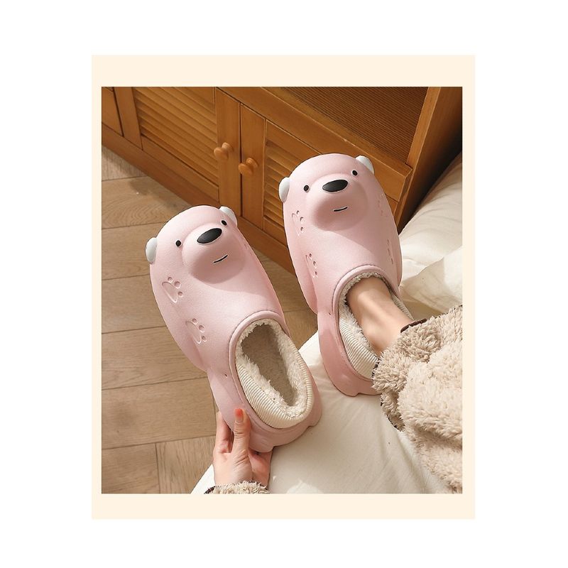 Fashion, accesorii si bijuterii - Femei - Incaltaminte femei - Slapi si papuci femei - Papuci imblaniti impermeabili si caldurosi Bear, pentru femei, forma ursulet, marime 37 EU, Roz - Infinity.ro