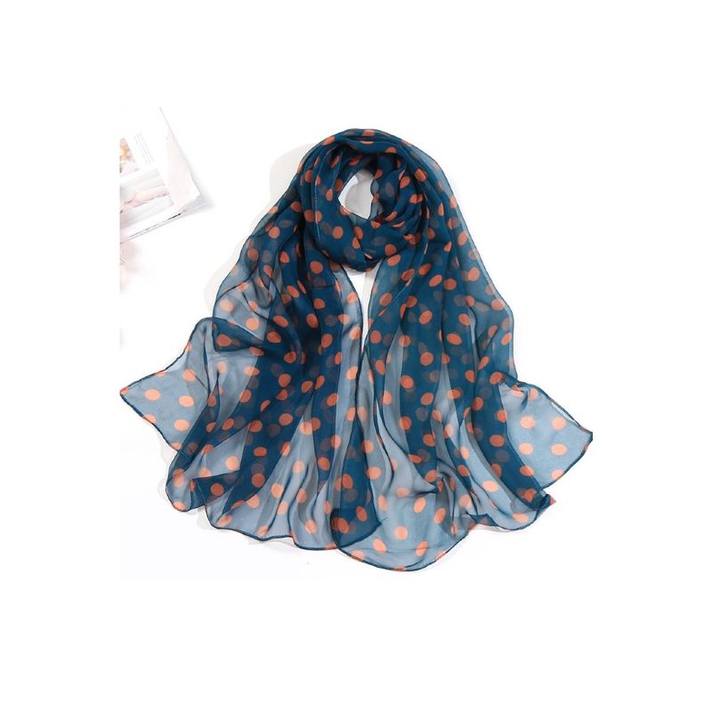 Fashion, accesorii si bijuterii - Femei - Accesorii femei - Esarfe si fulare femei - Esarfa dama mare, eleganta, voal, cu buline portocalii, Albastra - Infinity.ro
