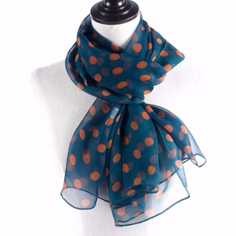 Fashion, accesorii si bijuterii - Femei - Accesorii femei - Esarfe si fulare femei - Esarfa dama mare, eleganta, voal, cu buline portocalii, Albastra - Infinity.ro