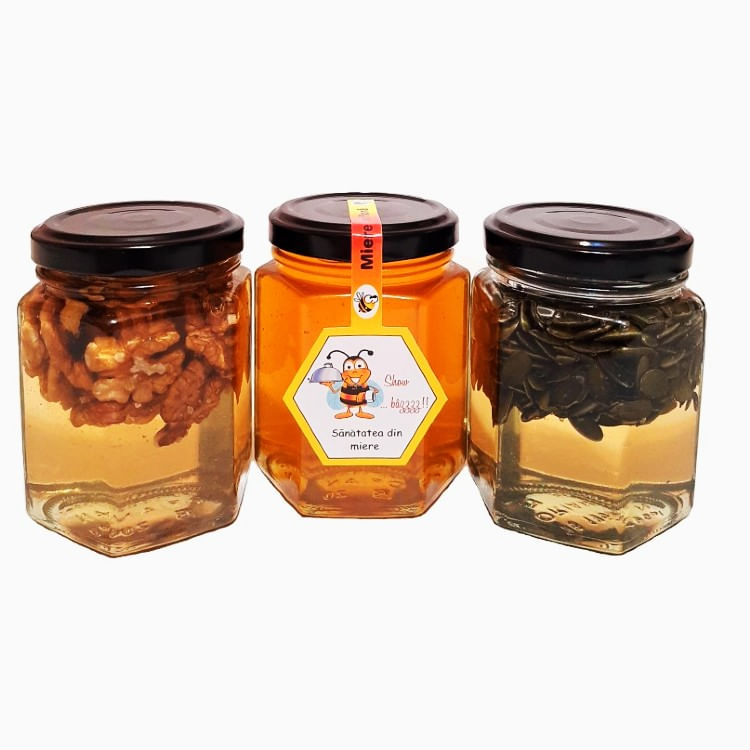 Set 1 Borcan miere poliflora 250 g, 1 Borcan miere cu seminte 250 g, 1 Borcan miere nuca 250 g, Show Bazzz