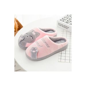 Papuci de dama plusati, model haios cu pisicuta gri, pentru interior, marimea 37 EU, Roz