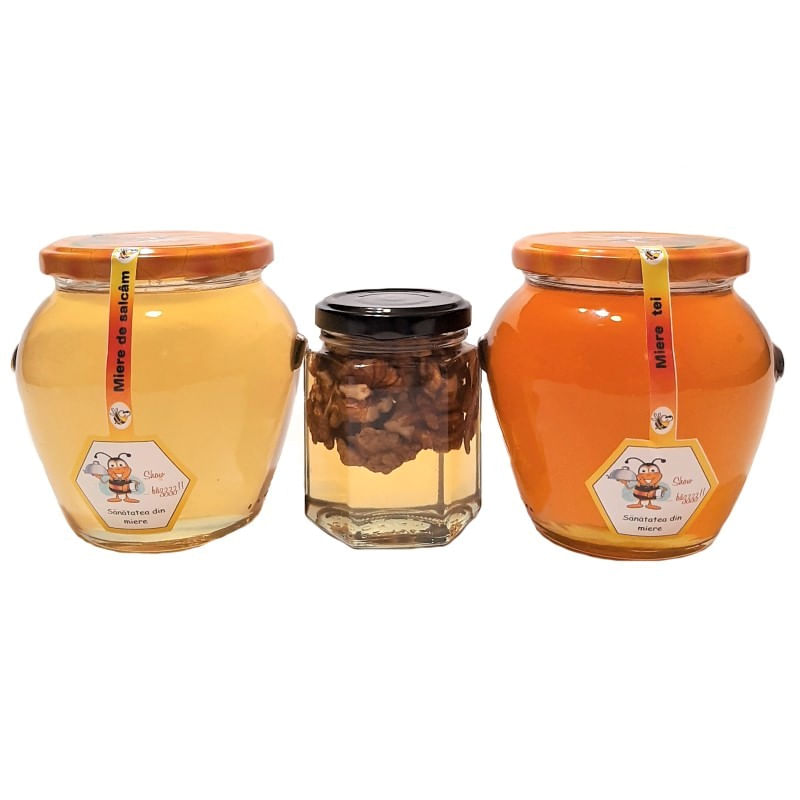 Set 1 Borcan miere salcam 750 g, 1 Borcan miere tei 750 g, 1 Borcan miere cu nuci 250 g, Show Bazzz