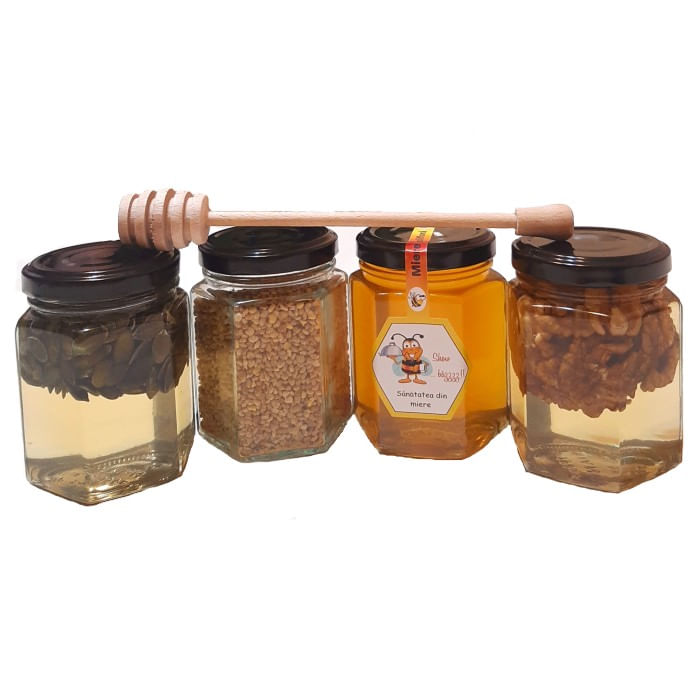 Set 1 borcan miere cu nuca 250 g, 1 borcan miere cu seminte 250 g, 1 borcan polen 120 g, 1 borcan miere poliflora 250 g, Show Bazzz