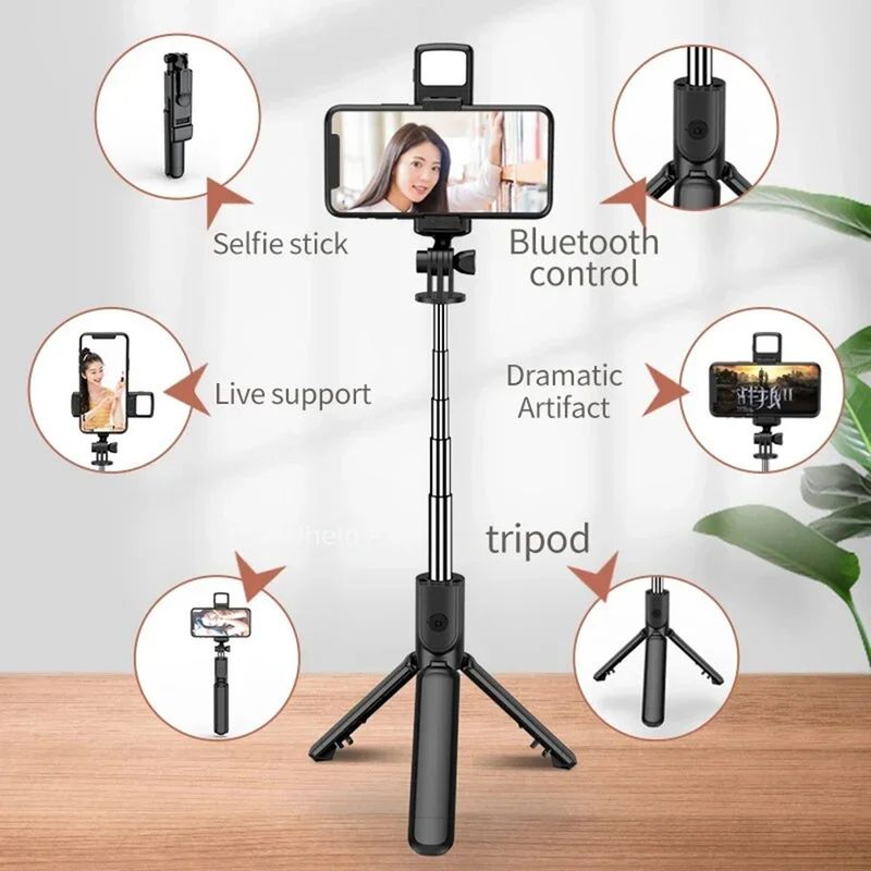 Laptop, Telefoane si Tablete - Telefoane mobile si accesorii - Accesorii Telefoane - Selfie stick-uri - Mini Selfie Stick cu Telecomanda, LED, 67cm - Techsuit (S03-S) - Negru - Infinity.ro