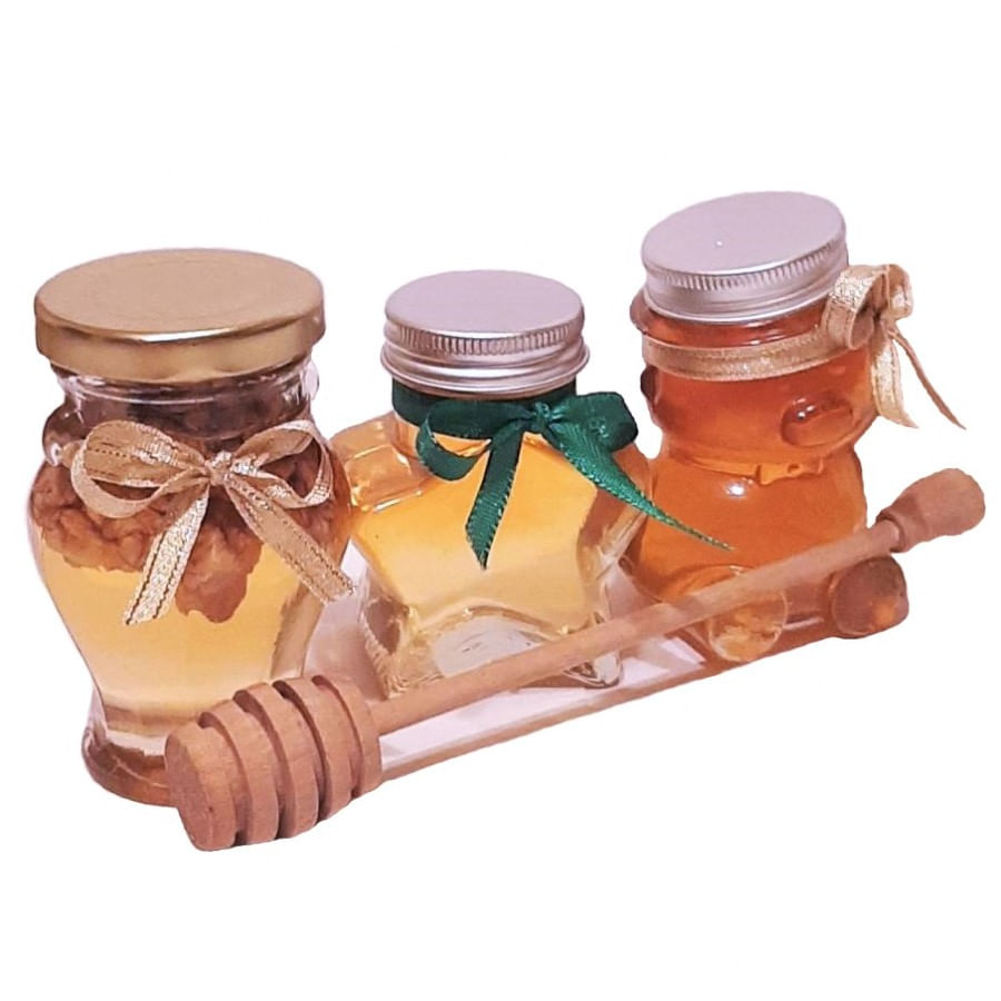 Set 1 borcanel amfora miere cu nuca, 1 borcanel miere salcam, 1 borcanel tip ursulet cu miere poliflora, 365 g, Show Bazzz