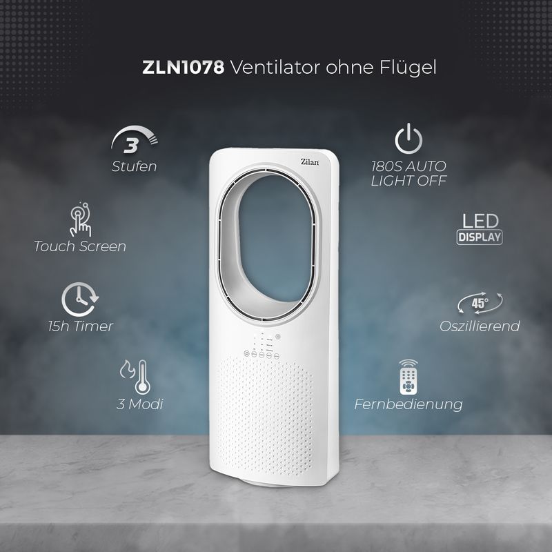 Electronice si Electrocasnice - Climatizare si sisteme de incalzire - Aparate racire aer - Ventilatoare - Ventilator fara palete Zilan ZLN1078, 50W, Timer, 3 trepte de viteza, 3 moduri presetate - Infinity.ro