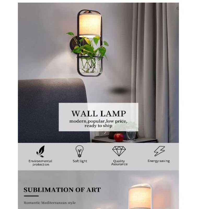 Casa si Gradina - Corpuri si surse de iluminat - Veioze si lampi - Veioze - Lampa de Perete Moderna Boutique Deluxe, Abajur Textil Alb, Bol Sticla Pentru Plante, Iluminare LED Eficienta, Design Minimalist, 220V, 50x17 cm, Decoratiune Interioara, Negru - Infinity.ro