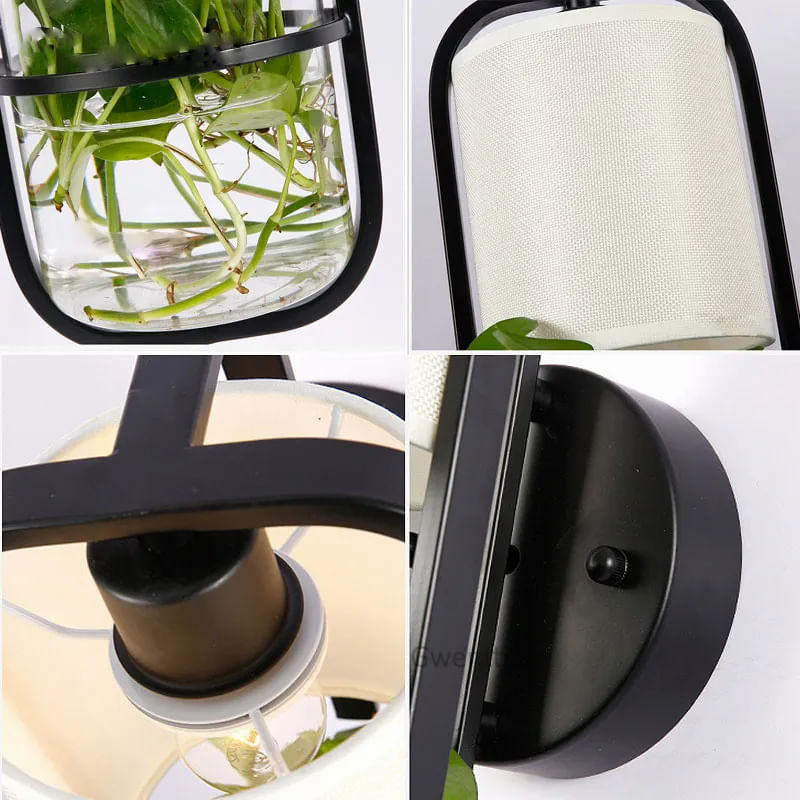 Casa si Gradina - Corpuri si surse de iluminat - Veioze si lampi - Veioze - Lampa de Perete Moderna Boutique Deluxe, Abajur Textil Alb, Bol Sticla Pentru Plante, Iluminare LED Eficienta, Design Minimalist, 220V, 50x17 cm, Decoratiune Interioara, Negru - Infinity.ro