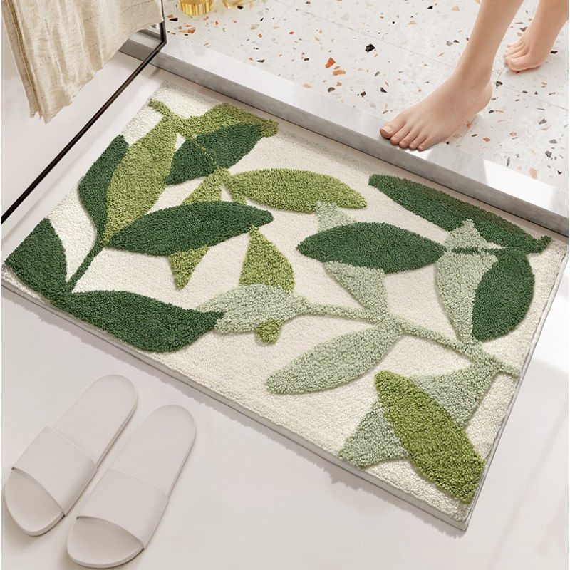 Casa si Gradina - Textile si covoare - Covoare - Covorase baie - Covoras De Baie Pufos Boutique Deluxe, Design Tridimensional Frunze Verzi, Ultra-Absorbant Din Microfibra De Densitate Mare, Culoare Verde, Antiderapant, Ideal Pentru Baie, Usor De Intretinut - Infinity.ro
