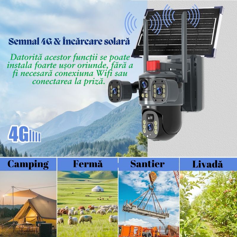 Casa si Gradina - Electrice - Smart Home - Camere de supraveghere - Camera De Supraveghere 2 in 1, 4G Tripla cu SIM, 4K Ultra HD, Exterior/Interior, Alarma,Senzor Miscare, Panou Solar+Card - Infinity.ro