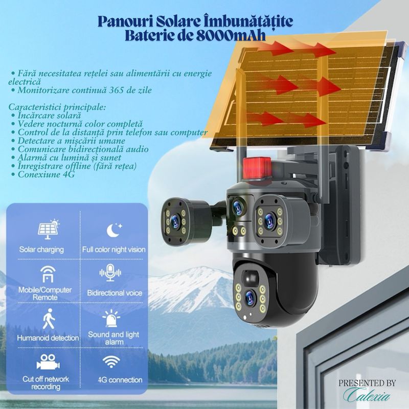 Casa si Gradina - Electrice - Smart Home - Camere de supraveghere - Camera De Supraveghere 2 in 1, 4G Tripla cu SIM, 4K Ultra HD, Exterior/Interior, Alarma,Senzor Miscare, Panou Solar+Card - Infinity.ro