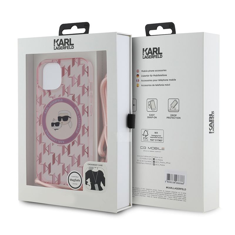 Laptop, Telefoane si Tablete - Telefoane mobile si accesorii - Accesorii Telefoane - Huse telefoane - Husa pentru iPhone 15 - Karl Lagerfeld IML Crossbody MagSafe (KLHMP15SHCKCKLCP) - Roz Mono Karl&Choupette Head - Infinity.ro