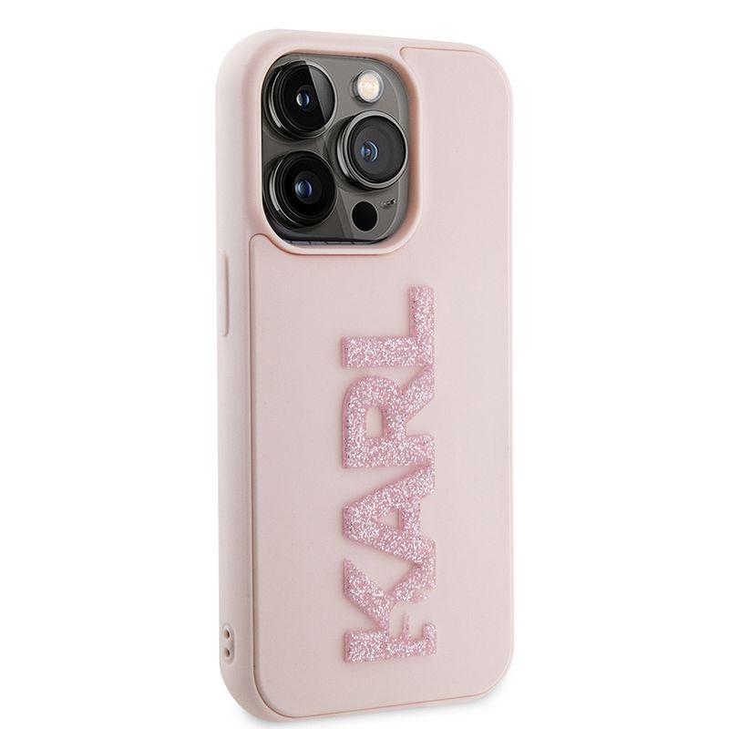 Laptop, Telefoane si Tablete - Telefoane mobile si accesorii - Accesorii Telefoane - Huse telefoane - Husa pentru iPhone 15 Pro - Karl Lagerfeld 3D Design (KLHCP15L3DMBKCP) - Roz Rubber Glitter Logo - Infinity.ro