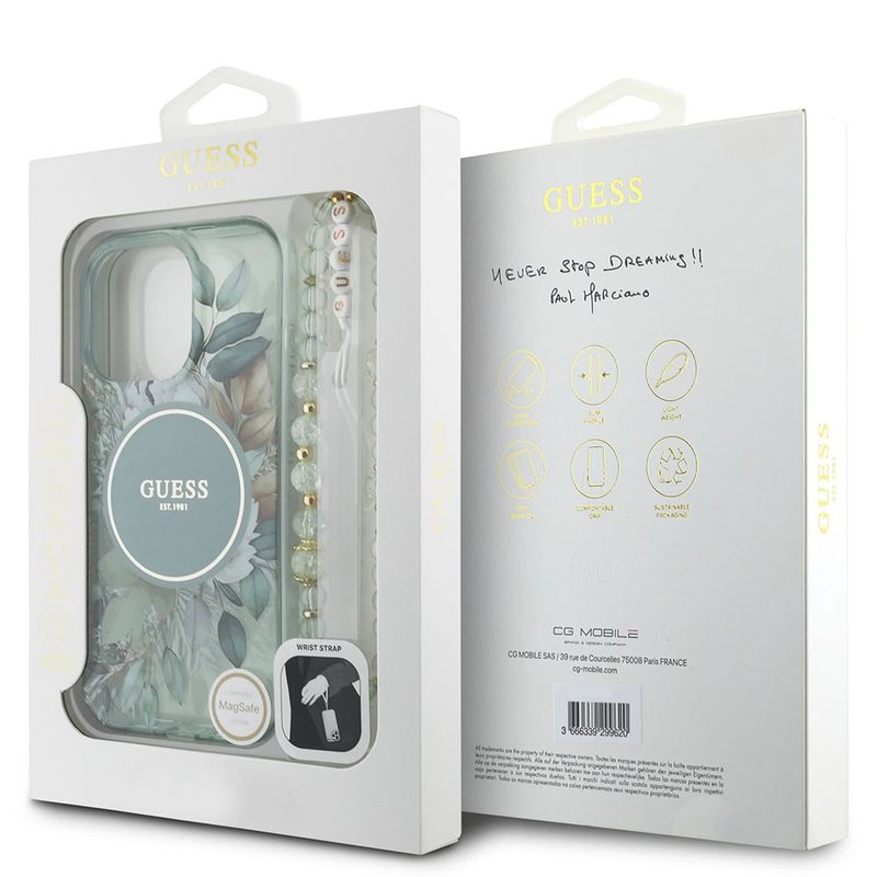 Laptop, Telefoane si Tablete - Telefoane mobile si accesorii - Accesorii Telefoane - Huse telefoane - Husa pentru iPhone 16 Pro - Guess IML Flowers cu Pearl Strap MagSafe (GUHMP16LHFWBRCESN) - Verde - Infinity.ro
