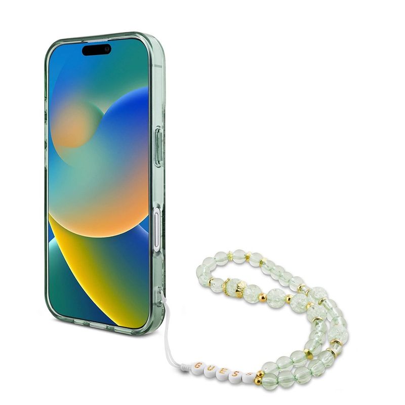 Laptop, Telefoane si Tablete - Telefoane mobile si accesorii - Accesorii Telefoane - Huse telefoane - Husa pentru iPhone 16 Pro - Guess IML Flowers cu Pearl Strap MagSafe (GUHMP16LHFWBRCESN) - Verde - Infinity.ro
