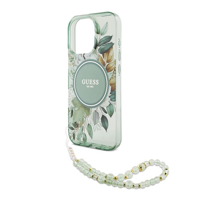 Laptop, Telefoane si Tablete - Telefoane mobile si accesorii - Accesorii Telefoane - Huse telefoane - Husa pentru iPhone 16 Pro - Guess IML Flowers cu Pearl Strap MagSafe (GUHMP16LHFWBRCESN) - Verde - Infinity.ro